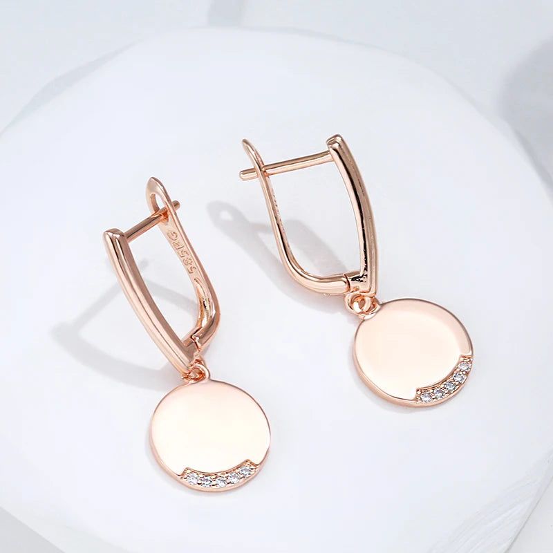 Sophisticated 585 Rose Gold Round Coin Dangle Earrings with Natural Zircon for Fashion-forward Elegance