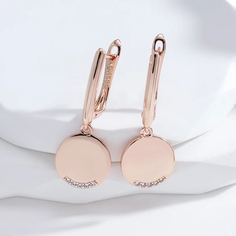 Sophisticated 585 Rose Gold Round Coin Dangle Earrings with Natural Zircon for Fashion-forward Elegance