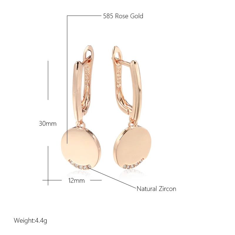 Sophisticated 585 Rose Gold Round Coin Dangle Earrings with Natural Zircon for Fashion-forward Elegance