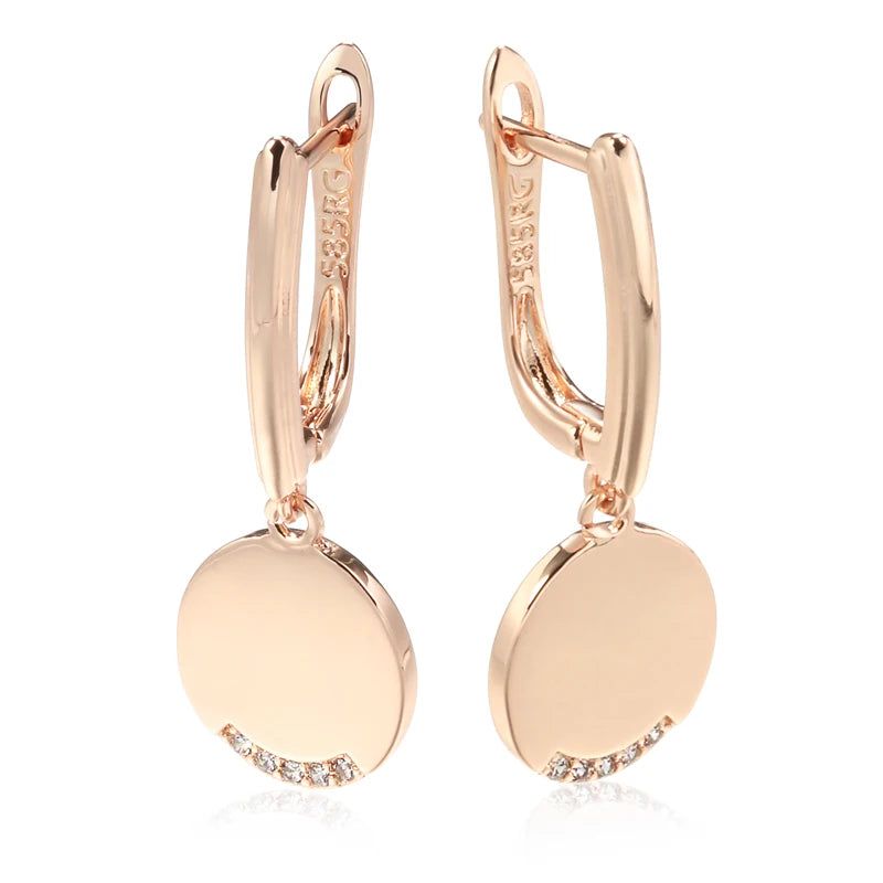 Sophisticated 585 Rose Gold Round Coin Dangle Earrings with Natural Zircon for Fashion-forward Elegance