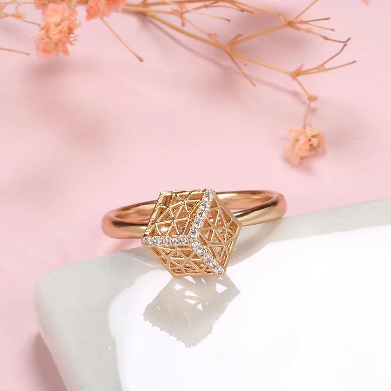 Sophisticated 585 Rose Gold Vintage Ring with Hollow Pattern and Natural Zircon Accents