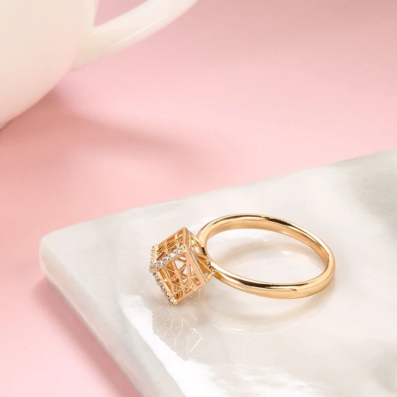 Sophisticated 585 Rose Gold Vintage Ring with Hollow Pattern and Natural Zircon Accents