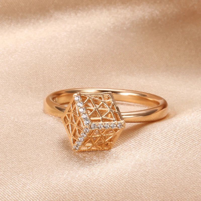 Sophisticated 585 Rose Gold Vintage Ring with Hollow Pattern and Natural Zircon Accents