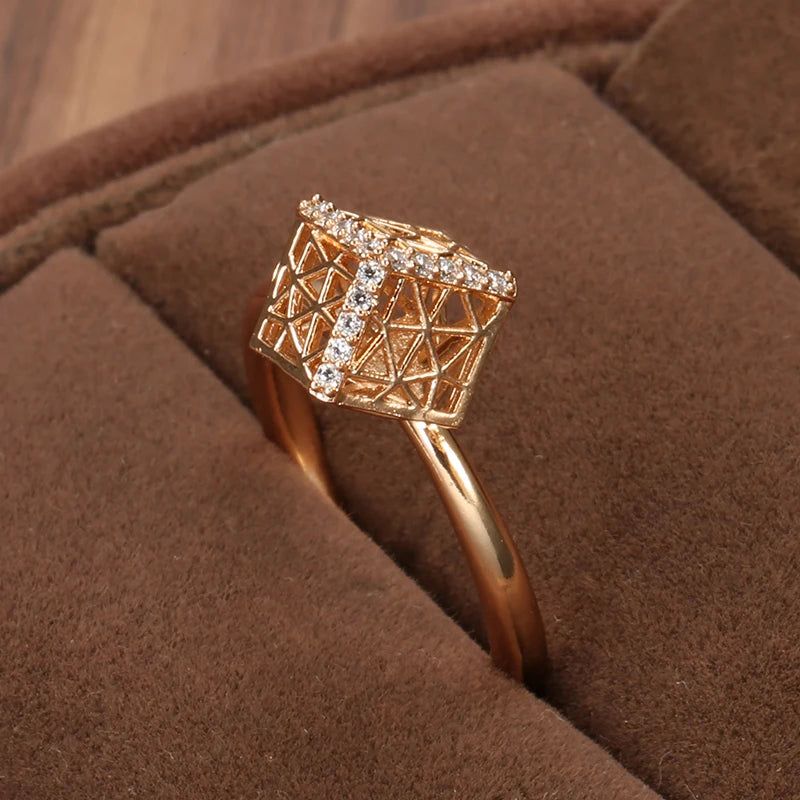 Sophisticated 585 Rose Gold Vintage Ring with Hollow Pattern and Natural Zircon Accents