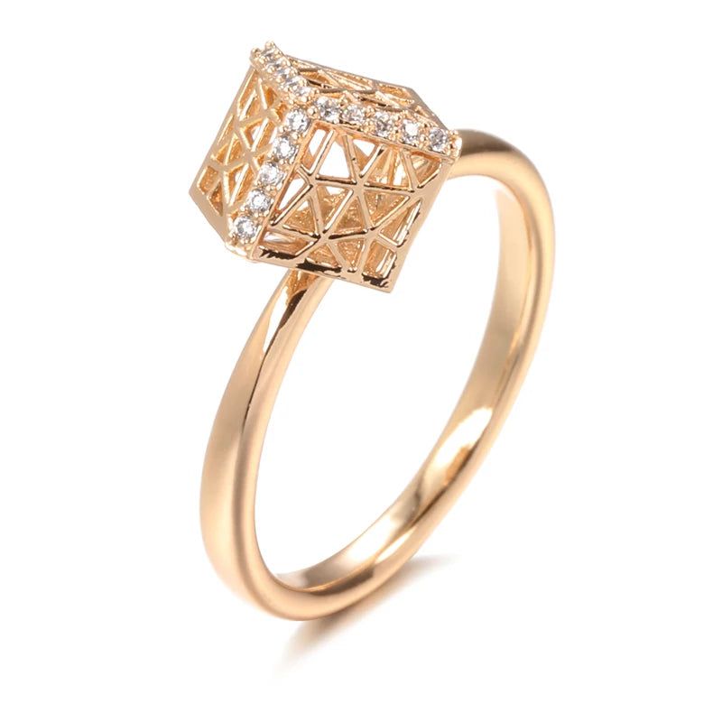 Sophisticated 585 Rose Gold Vintage Ring with Hollow Pattern and Natural Zircon Accents