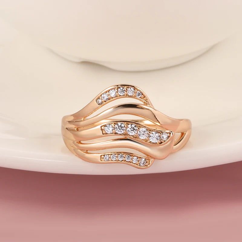 Sophisticated 585 Rose Gold Vintage Wave Ring with Natural Zircon Accents