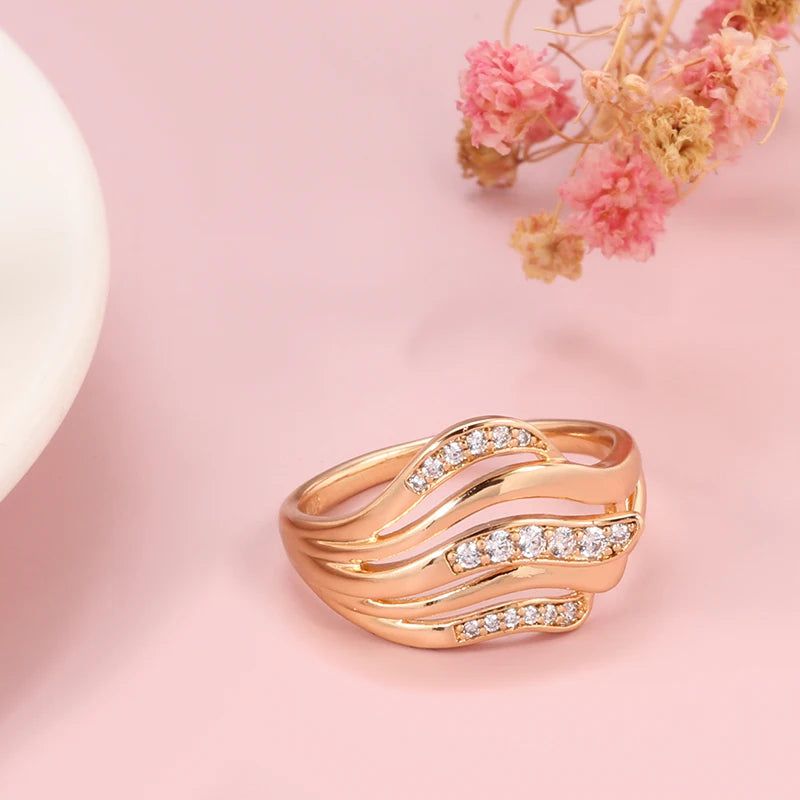 Sophisticated 585 Rose Gold Vintage Wave Ring with Natural Zircon Accents