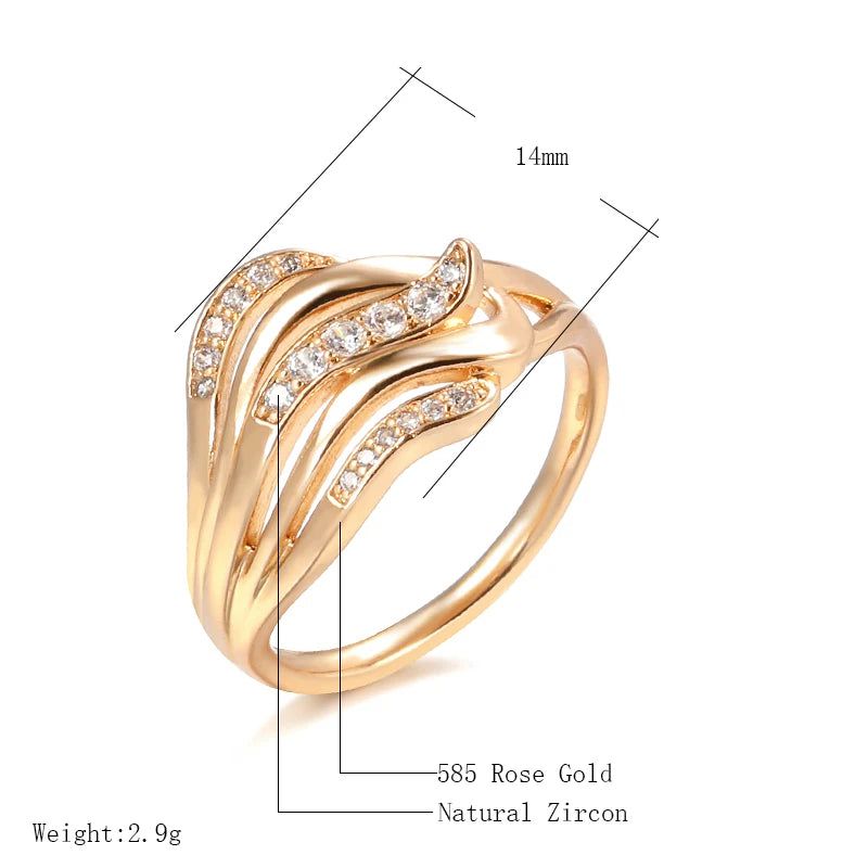 Sophisticated 585 Rose Gold Vintage Wave Ring with Natural Zircon Accents