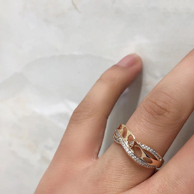 Sophisticated 585 Rose Gold Wave Ring with Natural Zircon – Fashion Crystal Jewelry