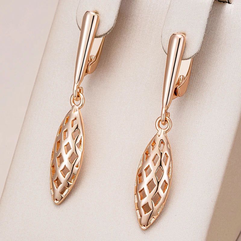 Sophisticated 585 Rose Gold Weaving Rhombus Long Drop Earrings - Chic Glossy Fashion Jewelry