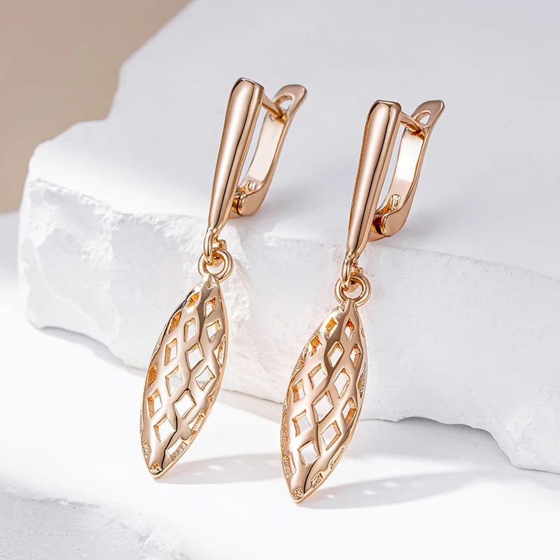 Sophisticated 585 Rose Gold Weaving Rhombus Long Drop Earrings - Chic Glossy Fashion Jewelry