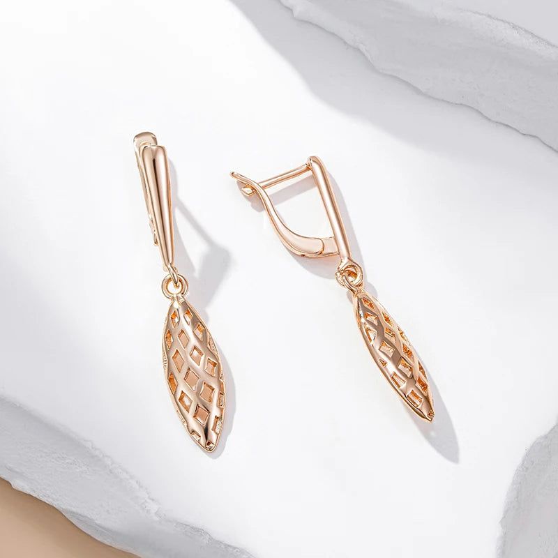 Sophisticated 585 Rose Gold Weaving Rhombus Long Drop Earrings - Chic Glossy Fashion Jewelry