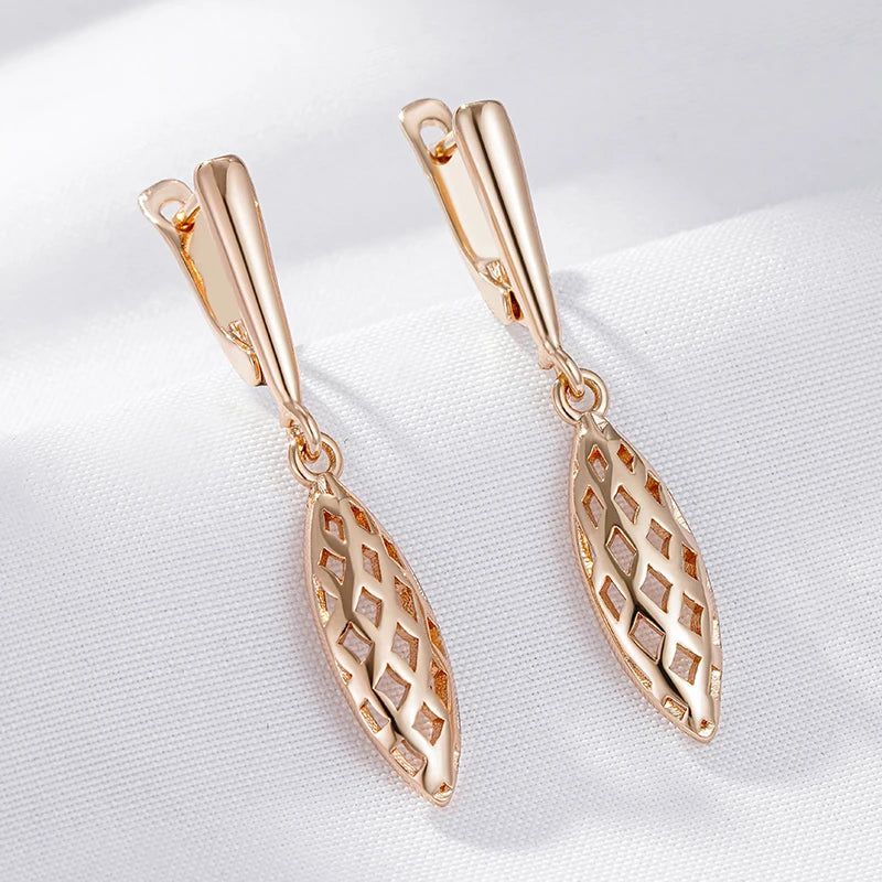 Sophisticated 585 Rose Gold Weaving Rhombus Long Drop Earrings - Chic Glossy Fashion Jewelry