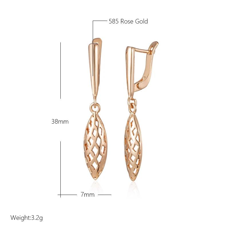 Sophisticated 585 Rose Gold Weaving Rhombus Long Drop Earrings - Chic Glossy Fashion Jewelry