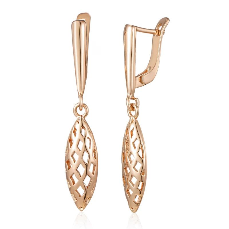 Sophisticated 585 Rose Gold Weaving Rhombus Long Drop Earrings - Chic Glossy Fashion Jewelry