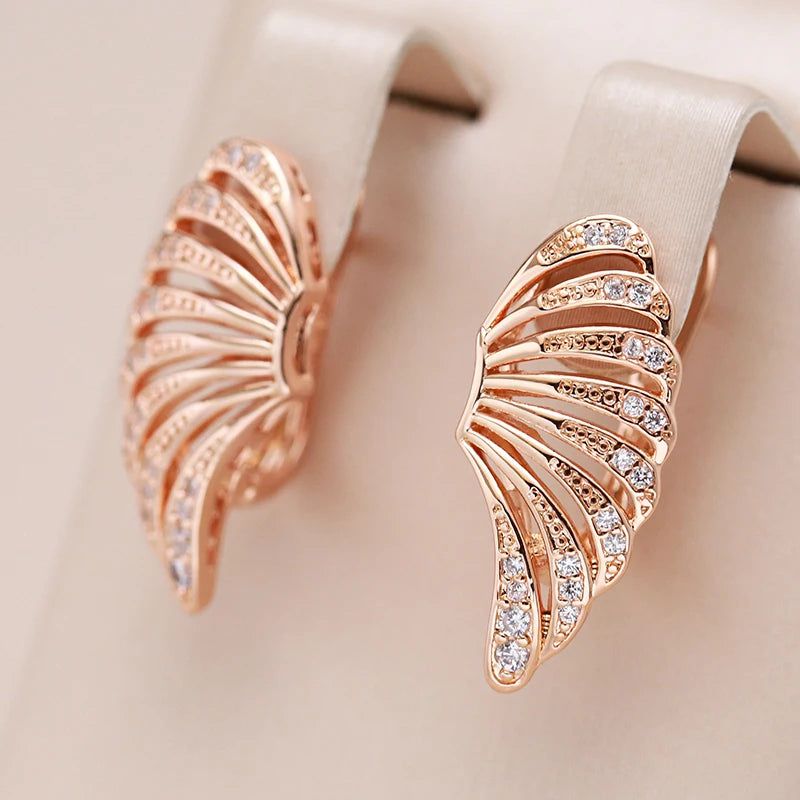 Sophisticated 585 Rose Gold Wing Dangle Earrings with Dazzling Natural Zircon