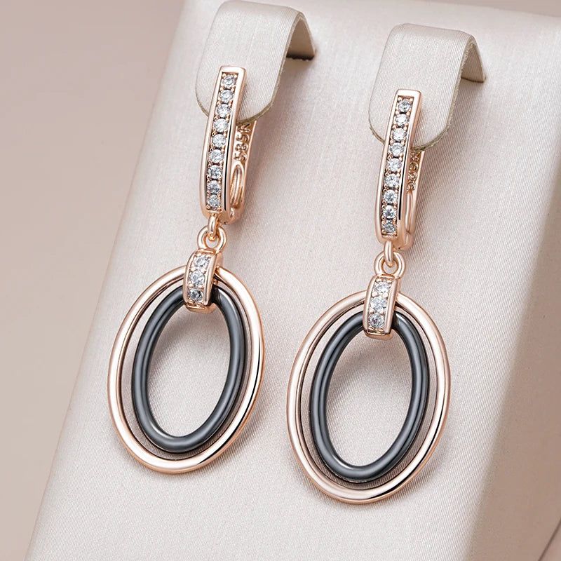 Sophisticated Black Ceramic Long Drop Earrings with 585 Rose Gold and Natural Zircon