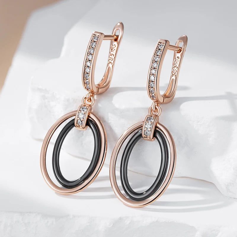 Sophisticated Black Ceramic Long Drop Earrings with 585 Rose Gold and Natural Zircon