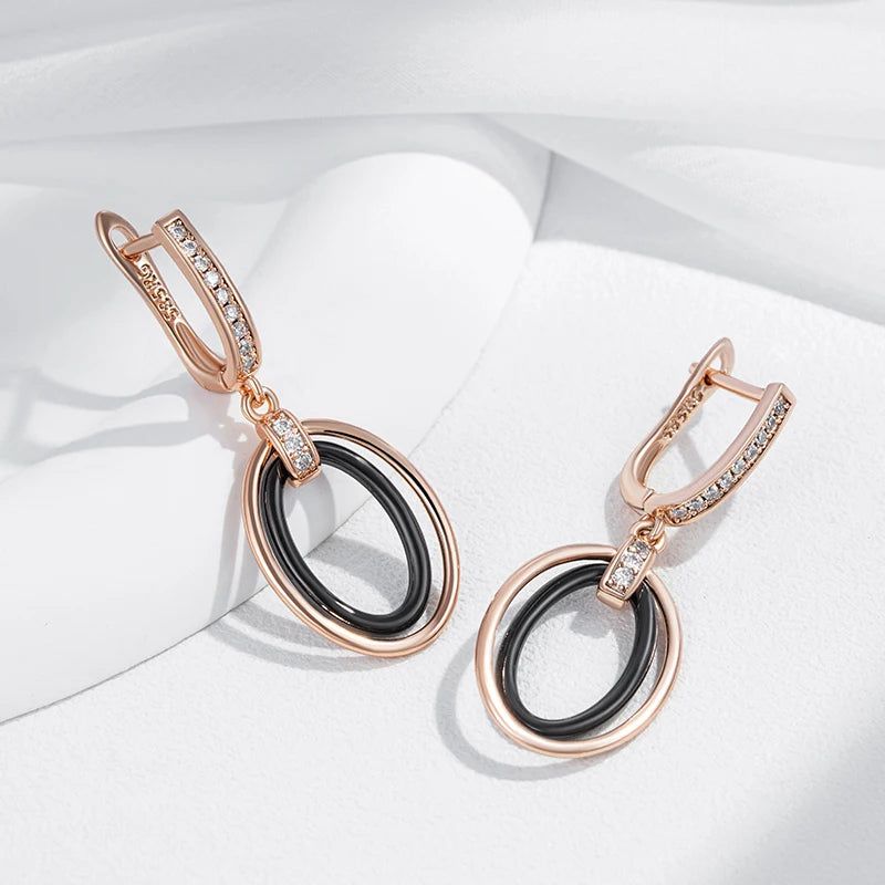 Sophisticated Black Ceramic Long Drop Earrings with 585 Rose Gold and Natural Zircon