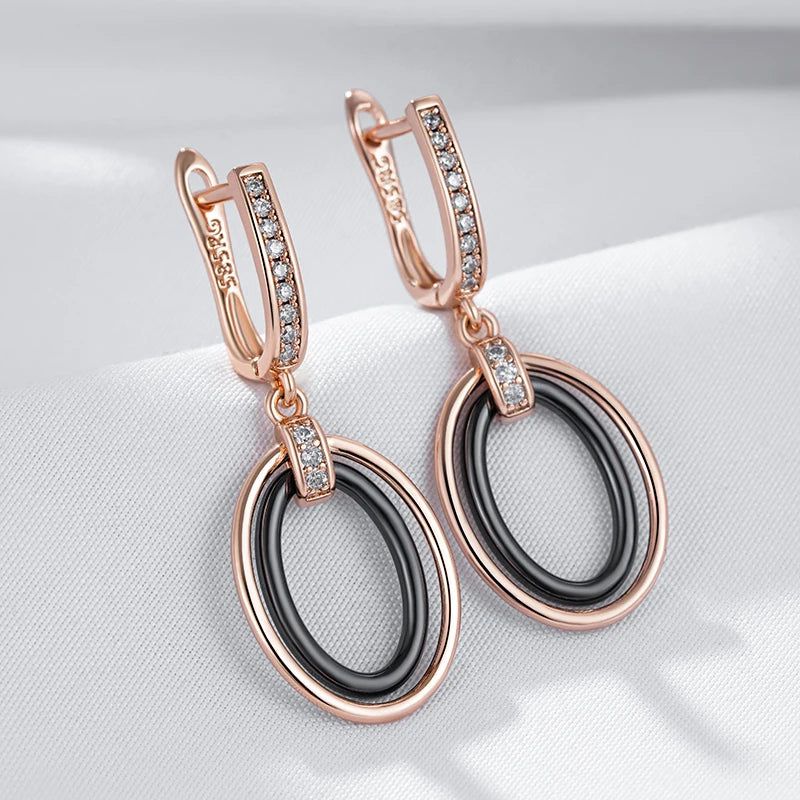 Sophisticated Black Ceramic Long Drop Earrings with 585 Rose Gold and Natural Zircon