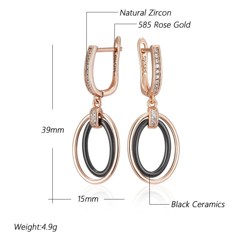 Sophisticated Black Ceramic Long Drop Earrings with 585 Rose Gold and Natural Zircon