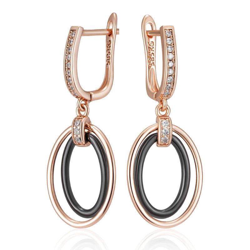 Sophisticated Black Ceramic Long Drop Earrings with 585 Rose Gold and Natural Zircon