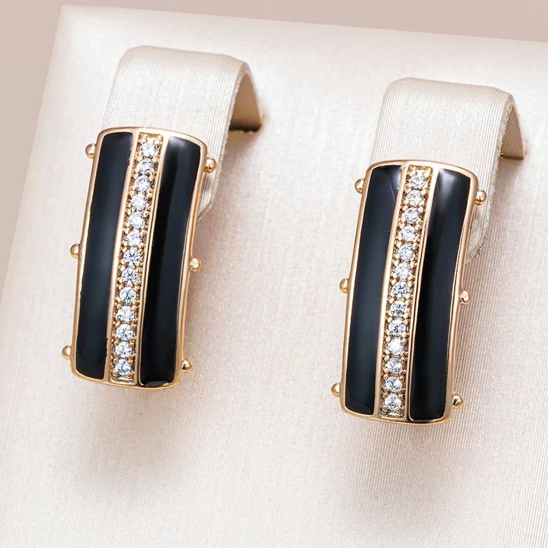 Sophisticated Black Enamel Geometric Drop Earrings with 585 Rose Gold and Natural Zircon