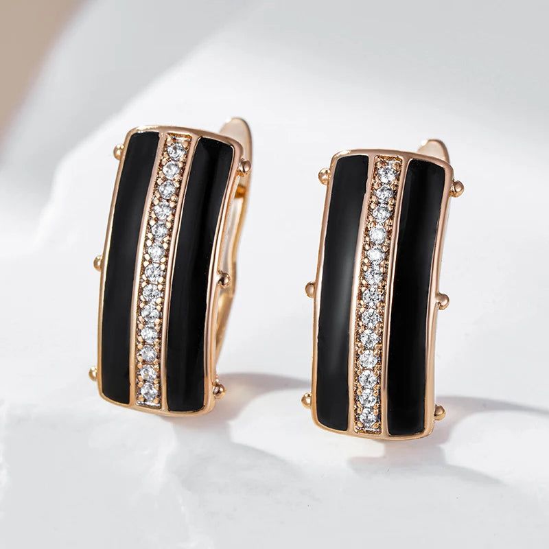 Sophisticated Black Enamel Geometric Drop Earrings with 585 Rose Gold and Natural Zircon