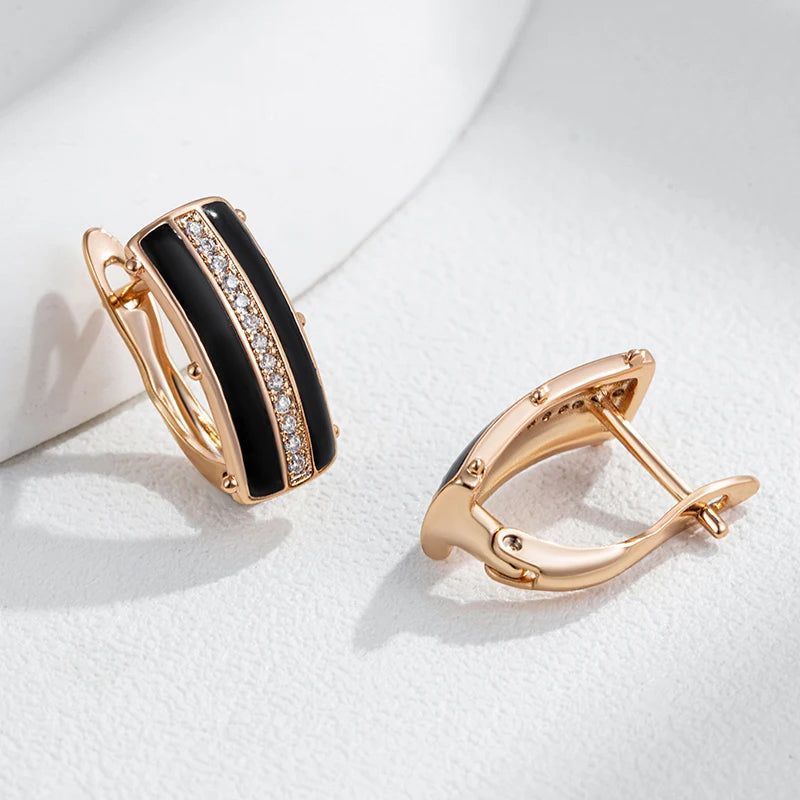 Sophisticated Black Enamel Geometric Drop Earrings with 585 Rose Gold and Natural Zircon