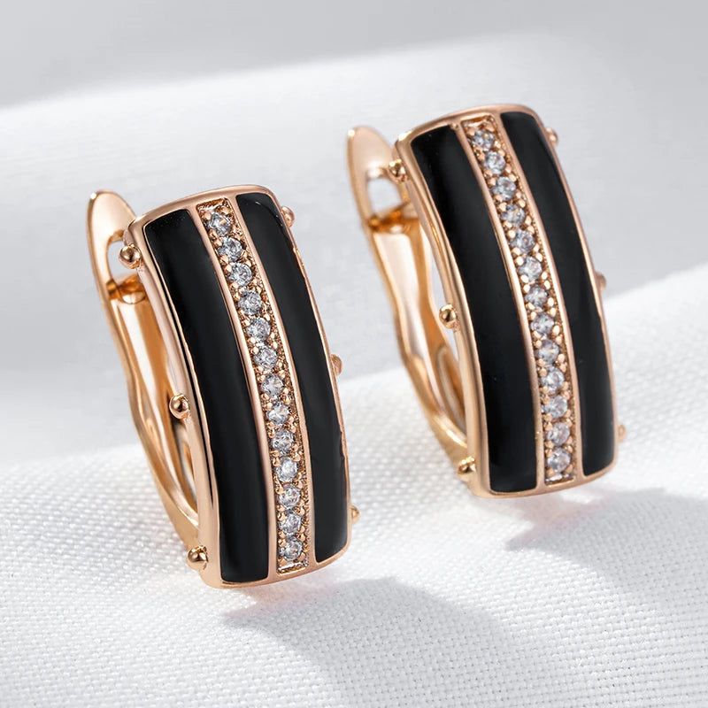 Sophisticated Black Enamel Geometric Drop Earrings with 585 Rose Gold and Natural Zircon