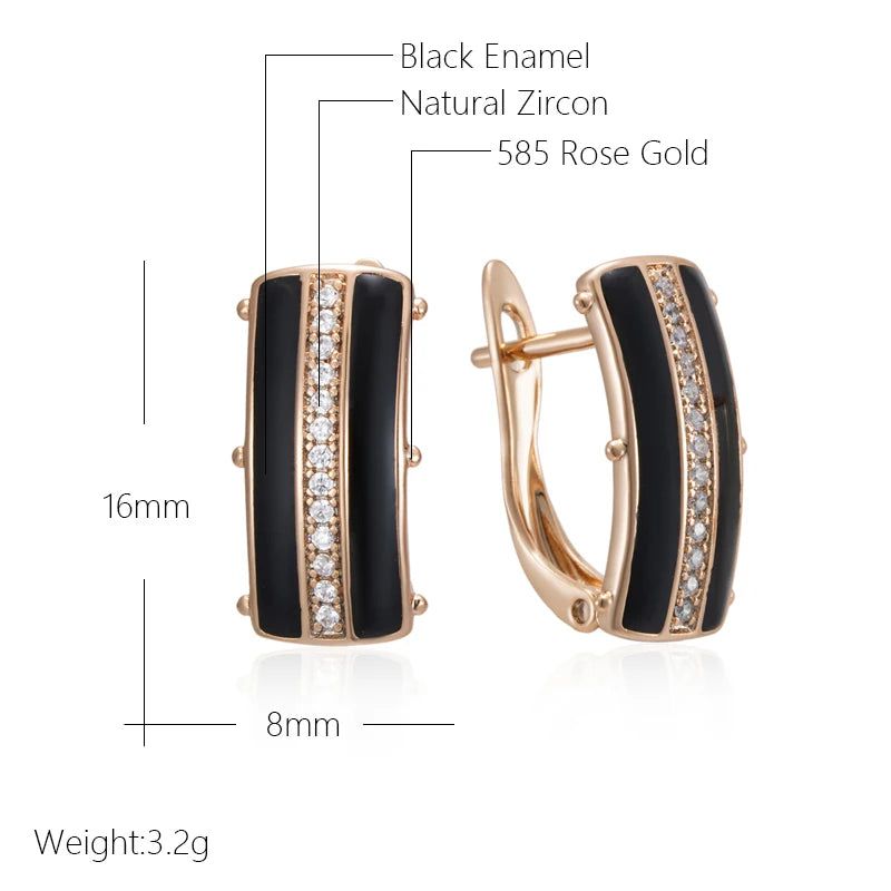 Sophisticated Black Enamel Geometric Drop Earrings with 585 Rose Gold and Natural Zircon