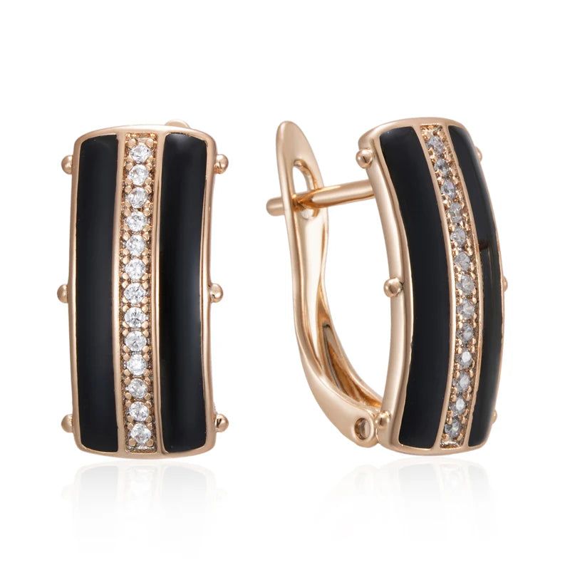 Sophisticated Black Enamel Geometric Drop Earrings with 585 Rose Gold and Natural Zircon