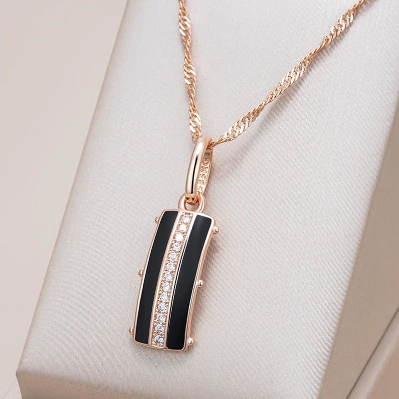 Sophisticated Black Enamel Geometric Pendant Necklace in 585 Rose Gold with Natural Zircon Accents