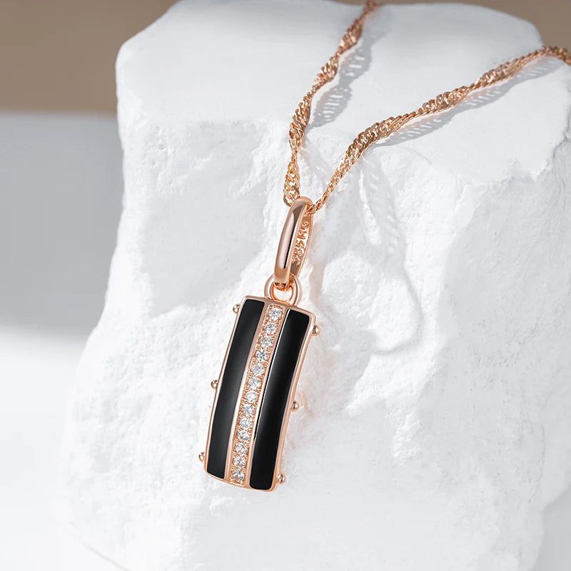 Sophisticated Black Enamel Geometric Pendant Necklace in 585 Rose Gold with Natural Zircon Accents