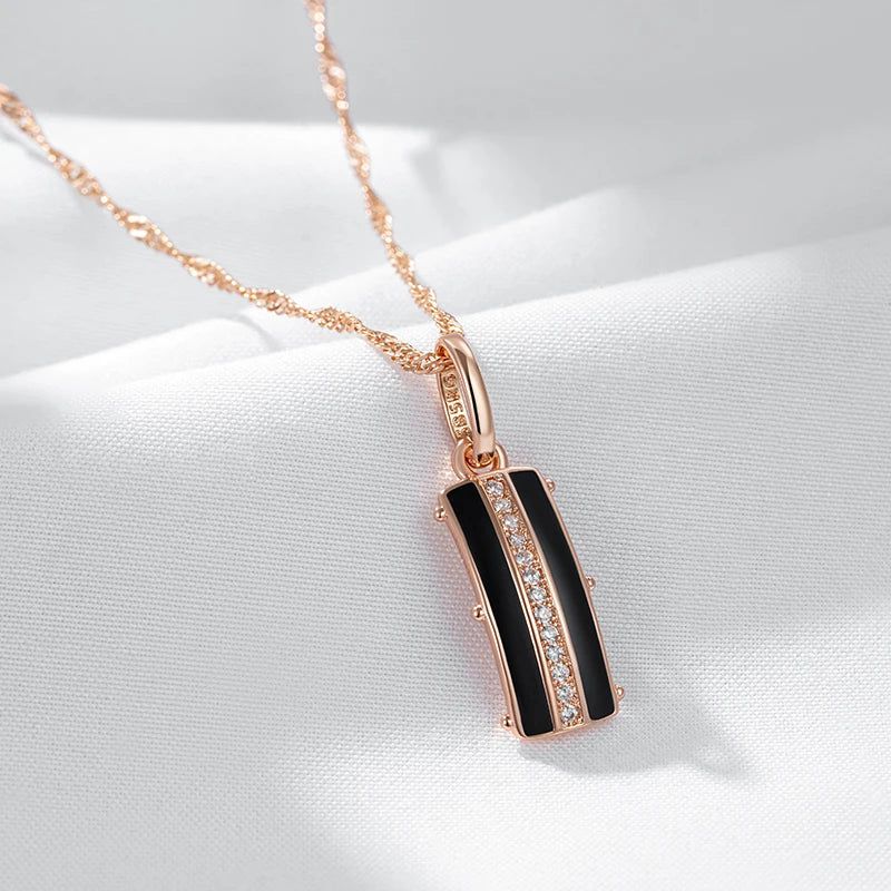 Sophisticated Black Enamel Geometric Pendant Necklace in 585 Rose Gold with Natural Zircon Accents