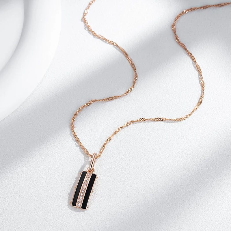 Sophisticated Black Enamel Geometric Pendant Necklace in 585 Rose Gold with Natural Zircon Accents