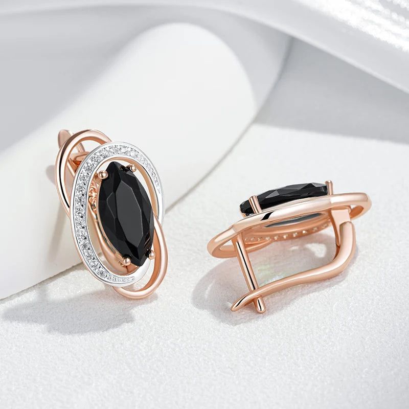 Sophisticated Black Natural Zircon Dangle Earrings in Luxury Rose Gold Finish