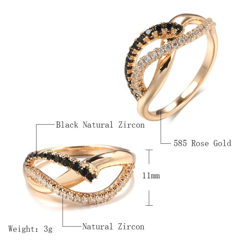 Sophisticated Black and White Natural Zircon Wave Ring in 585 Rose Gold - Vintage Crystal Jewelry