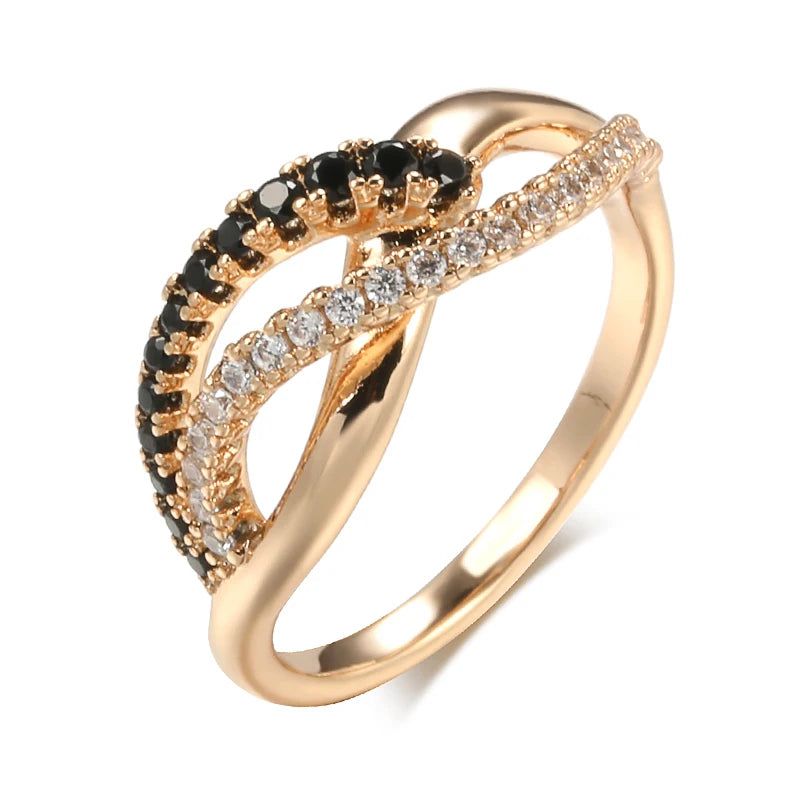 Sophisticated Black and White Natural Zircon Wave Ring in 585 Rose Gold - Vintage Crystal Jewelry