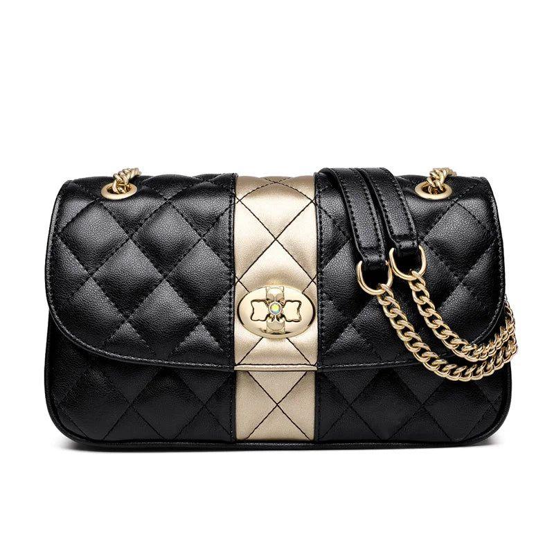 Sophisticated Diamond Lattice Crossbody Bag for Women - Foxer Shoulder Handbag with Chain Strap in Black