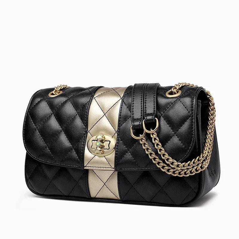 Sophisticated Diamond Lattice Crossbody Bag for Women - Foxer Shoulder Handbag with Chain Strap in Black