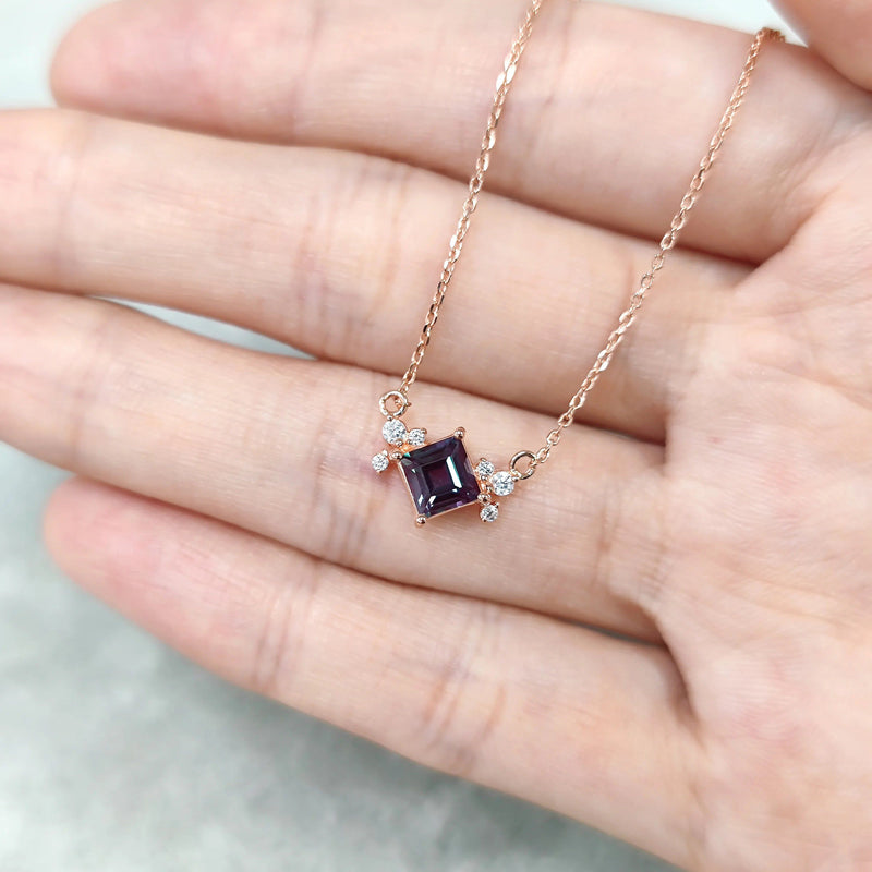 Square 5x5mm Color Change Lab Alexandrite Pendant Necklace