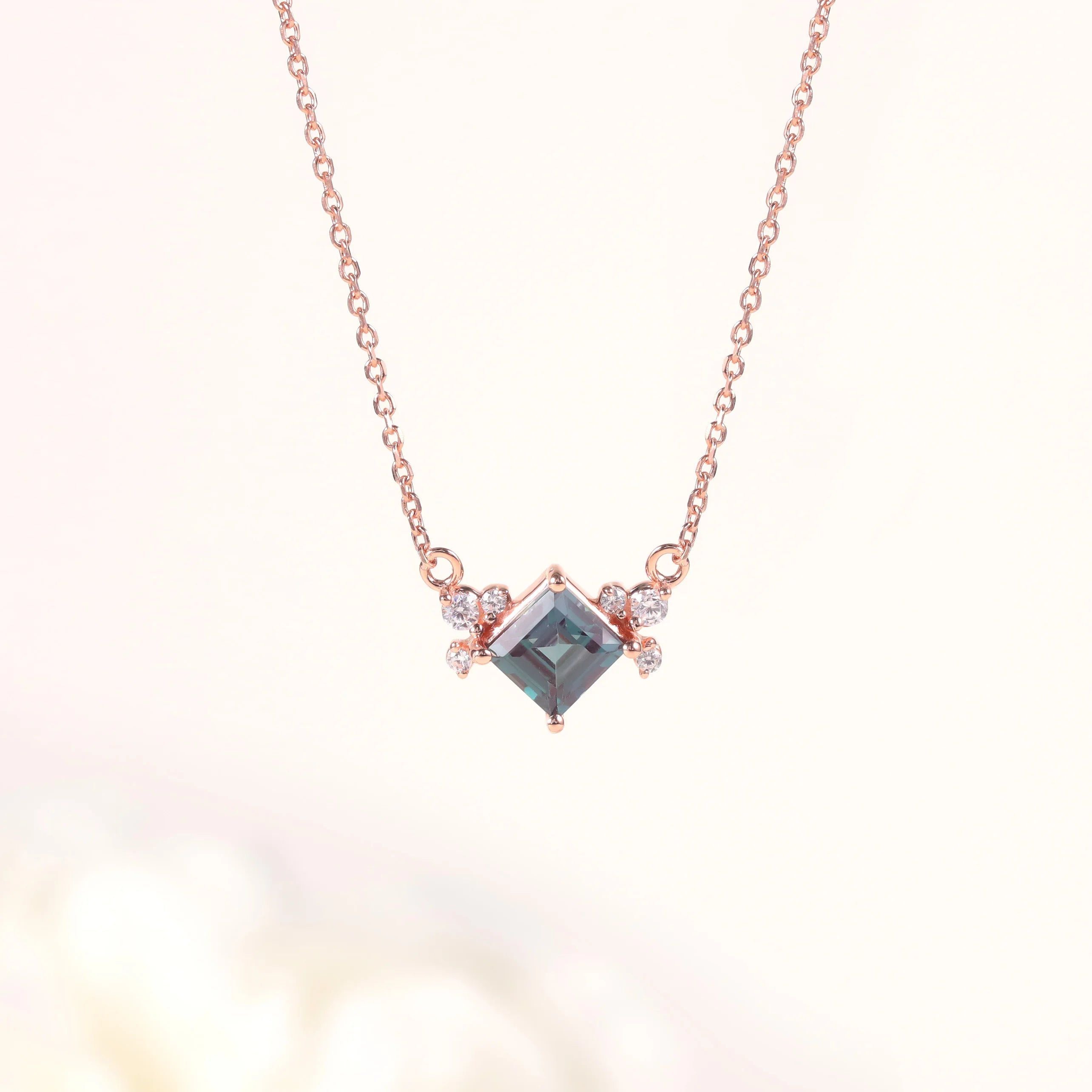 Square 5x5mm Color Change Lab Alexandrite Pendant Necklace