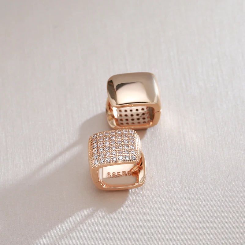 Square Elegance: 585 Rose Gold Drop Earrings with Natural Zircon Accents