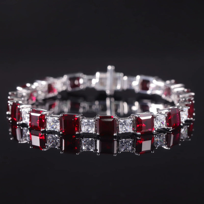 Square Princess Cut Lab Created Ruby Tennis Bracelet Real Sterling Silver 925 Fancy Party Wear Bracelet