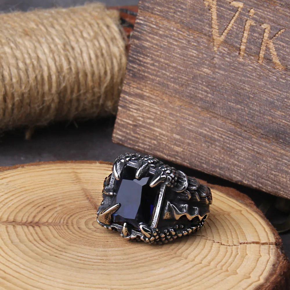 Stainless Steel NO Fade Punk Dragon Ring with Red CZ Stone in Elegant Wooden Box