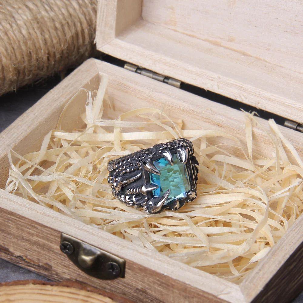 Stainless Steel NO Fade Punk Dragon Ring with Red CZ Stone in Elegant Wooden Box