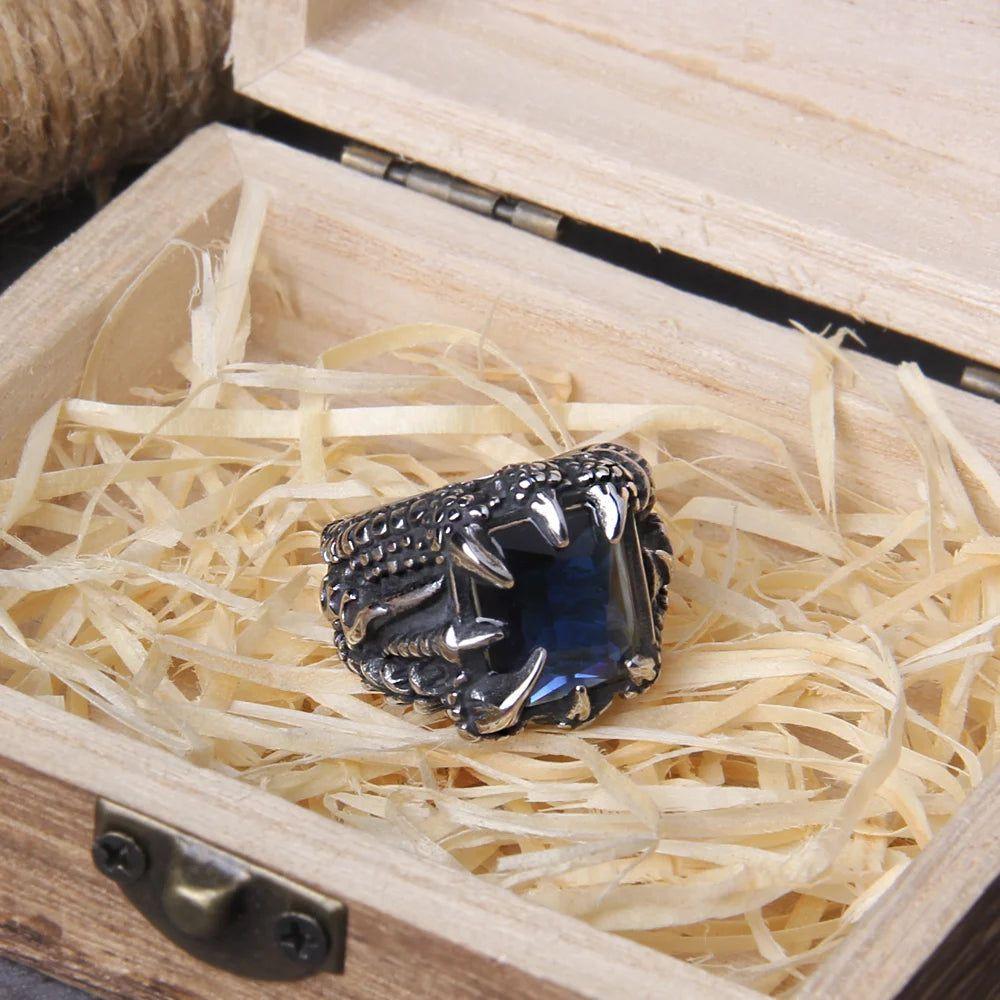 Stainless Steel NO Fade Punk Dragon Ring with Red CZ Stone in Elegant Wooden Box