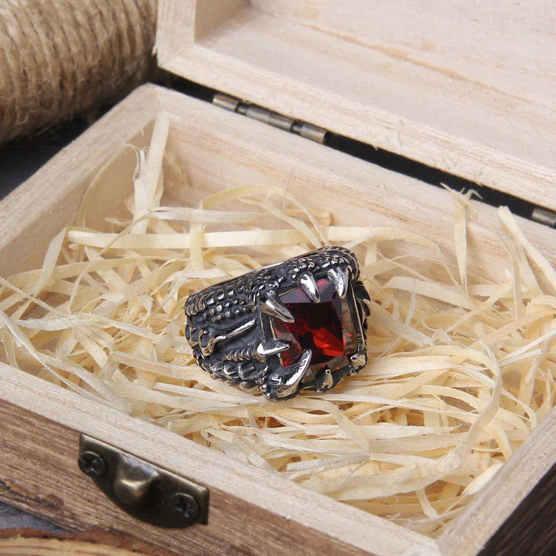 Stainless Steel NO Fade Punk Dragon Ring with Red CZ Stone in Elegant Wooden Box