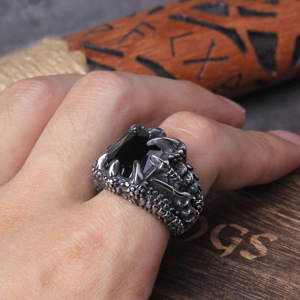 Stainless Steel NO Fade Punk Dragon Ring with Red CZ Stone in Elegant Wooden Box